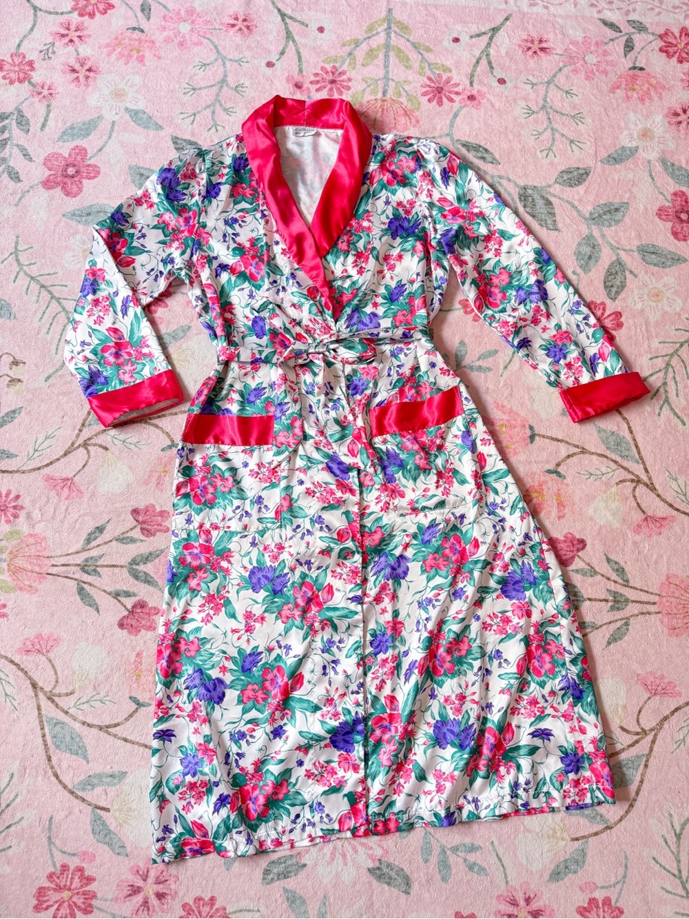 Vintage Floral Satin Robe S M Bridal Bridesmaid Getting Ready Dressing Gown